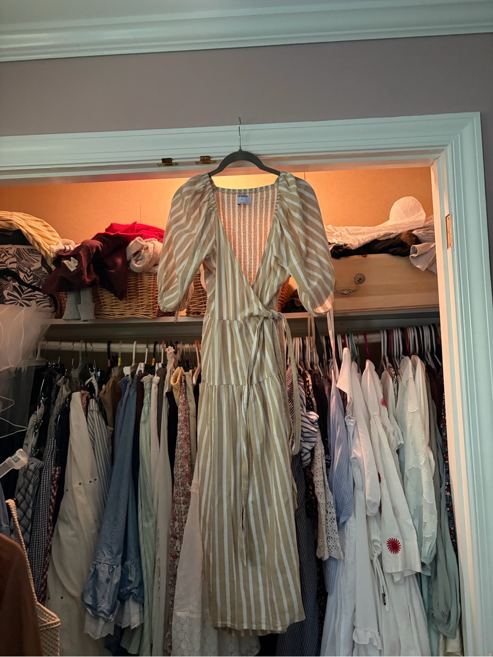 Old Navy Beige and White Striped Wrap Maxi Dress
